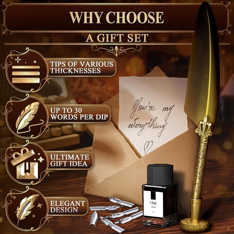 Kotko Antique Feather Quill Pen and Ink Set – Stand & Gift Box, Golden Writing Quill and Ink Set with 5 Nibs, Patterned Anti-Slip Grip – Stainless Steel Dip Pen for Signing & Writing | Calligraphy Gift - Image 4